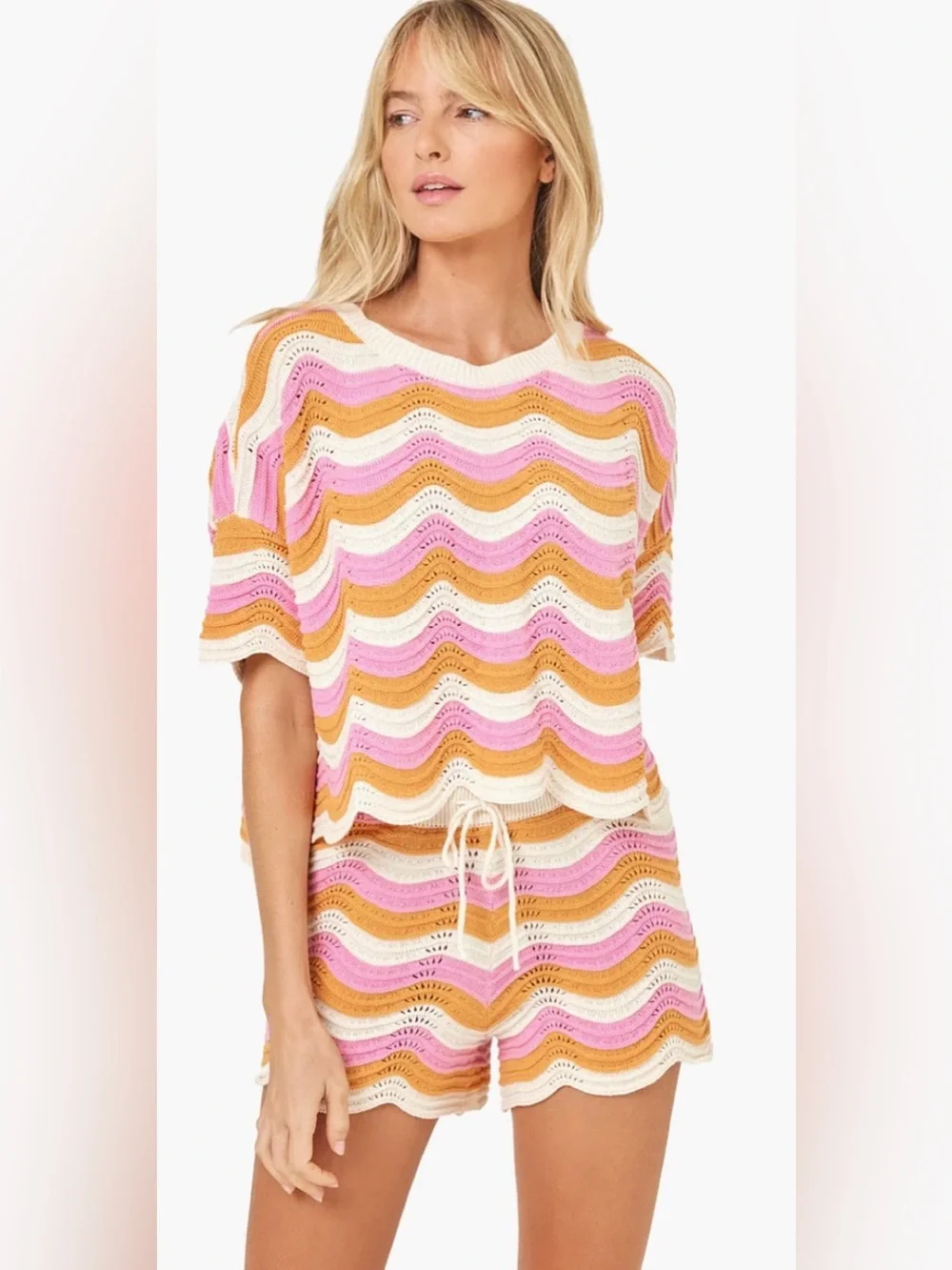 L*SPACE Make Waves Sweater & Shorts Set – Medium - Pink, Orange, Cream